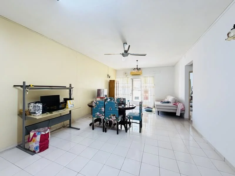 Living features: white painted walls, glossy white tile flooring, ceiling fan, dining table with floral upholstery chairs, TV console, sofa, large windows with sheer curtains, open layout; style: modern.