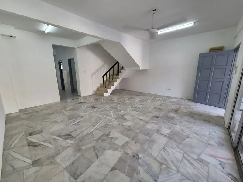 Room features: marble flooring, white painted walls, ceiling fan, staircase, sliding glass door, natural light from windows, open layout, no visible furniture; style: minimalist.