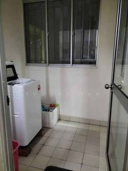 Laundry features: top-load washing machine, white painted walls, tile flooring, window with metal grilles, plastic storage bin, pink laundry basket, light switch, door with glass panel.