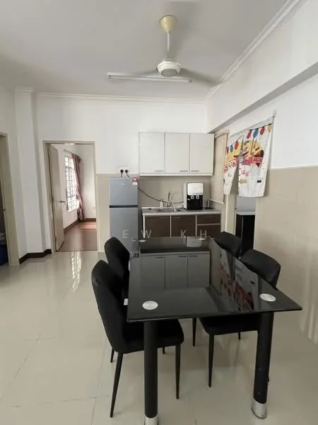 Kitchen features: white cabinetry, black glass dining table, 4 black upholstered dining chairs, stainless-steel fridge, built-in countertop with sink, kitchen appliances visible, cream tiled backsplash, white walls, ceiling fan, tile flooring; style: modern.