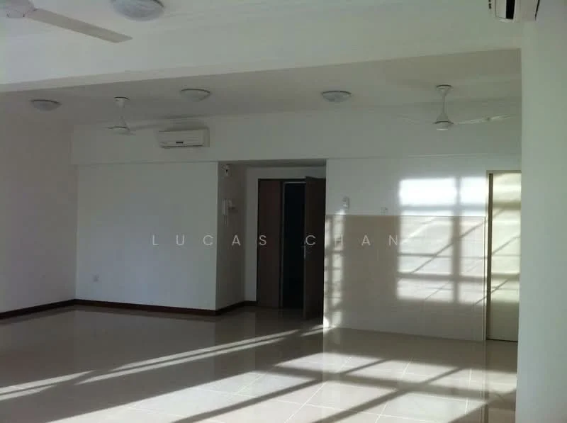 Living features: white painted walls, polished ceramic tile flooring, 5-blade ceiling fan with light, 2 wall-mounted split AC units, large windows allowing natural light, door leading to another room, neutral color scheme, high ceiling; style: modern.