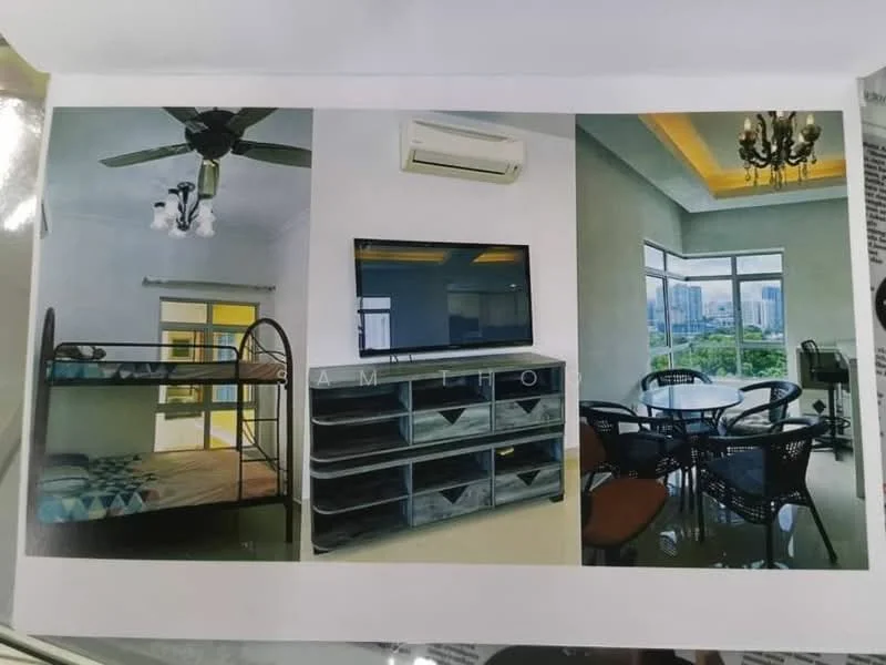 Living features: 5-blade ceiling fan with light, wall-mounted TV, TV console with storage, large windows with city view, dining table with chairs, chandelier, air conditioning unit, light-colored walls, neutral flooring, decorative wall art; style: modern; view: city. Bedroom features: bunk bed, wooden flooring, large window, light-colored walls, decorative bedding; style: modern; view: city.