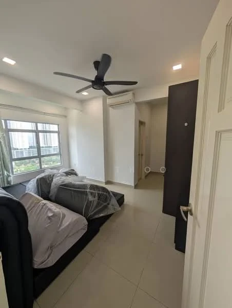 Bedroom features: queen-size bed with bedding, 5-blade ceiling fan, floor-to-ceiling windows, white painted walls, light-colored tile flooring, built-in wardrobe, air conditioning unit, curtains, decorative wall panel; style: modern; view: city.