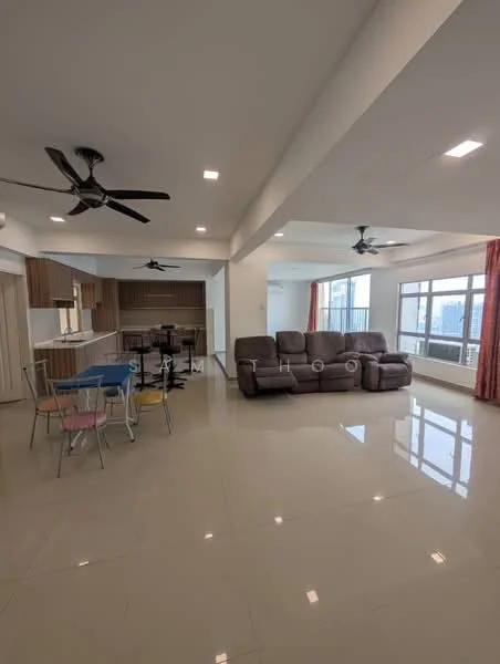 Living features: large brown leather sectional sofa, 2 ceiling fans, recessed LED downlights, floor-to-ceiling windows, cream painted walls, glossy tile flooring, curtains in red, open layout to kitchen and dining area; style: modern; view: city. Kitchen features: kitchen island with bar seating, wood cabinetry, white countertops, stainless-steel appliances, built-in oven, 4-burner gas hob, double-bowl stainless-steel sink, chrome pull-down faucet; style: modern. Dining features: 4-seater dining table, colorful chairs, open layout to living area, near kitchen island; style: modern.