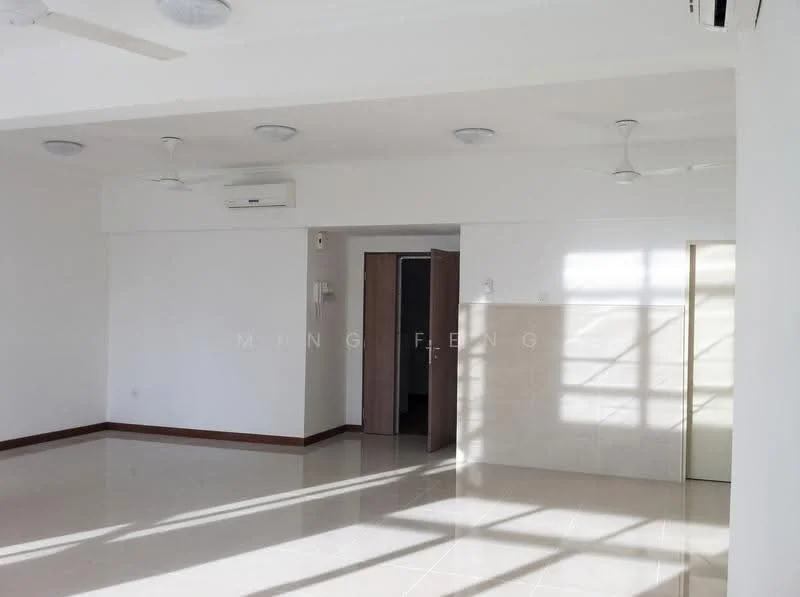 Room features: white painted walls, polished tile flooring, 2 ceiling fans, 1 wall-mounted split AC, natural light from windows, doorway leading to another room, light-colored door, window with light filtering in; style: modern.