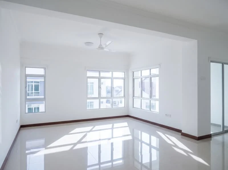 Room features: white painted walls, polished ceramic tile flooring, 5-blade ceiling fan, floor-to-ceiling windows, multiple window panes, natural light flooding in, neutral color scheme, no visible furniture; style: modern; view: city.