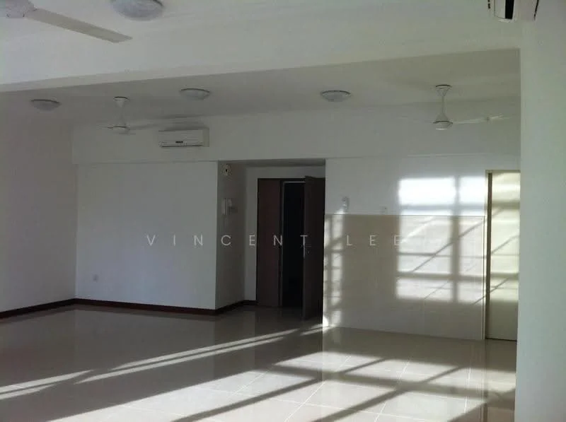 Room features: white painted walls, polished ceramic tile flooring, 2 ceiling fans, 1 wall-mounted split AC, large windows allowing natural light, doorway leading to another room, door leading to hallway, sunlight casting shadows on the floor; style: modern.