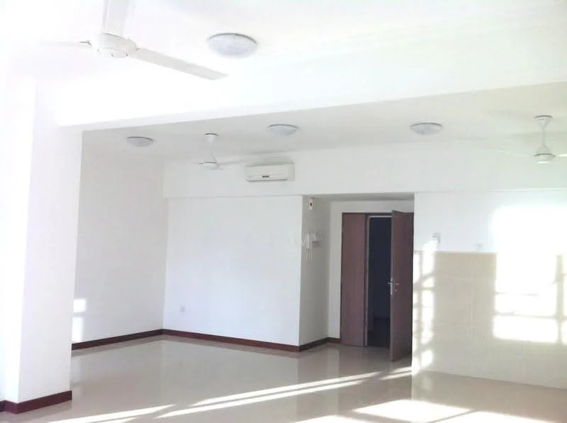 Room features: white painted walls, polished tile flooring, 5-blade ceiling fan, 2 wall-mounted split AC units, recessed ceiling lights, doorway leading to another room, natural light from windows, neutral color scheme; style: modern.