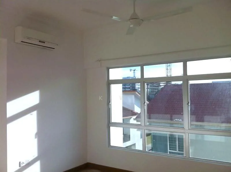 Room features: white painted walls, wooden flooring, 1 wall-mounted split AC, 5-blade ceiling fan, floor-to-ceiling windows, natural light from windows, view of neighboring buildings; view: city.