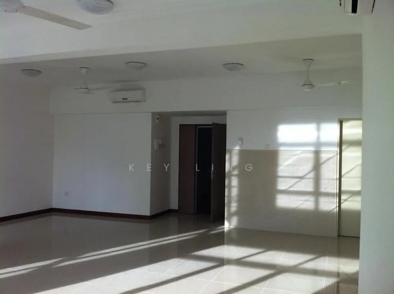 Room features: white painted walls, polished ceramic tile flooring, 2 ceiling fans, 1 wall-mounted split AC, recessed downlights, doorway leading to another room, natural light from windows, shadow patterns on the floor; style: modern.