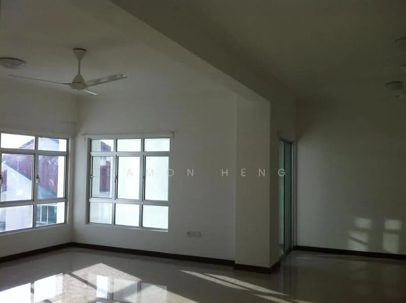 Room features: white painted walls, polished marble flooring, 5-blade ceiling fan, floor-to-ceiling windows, sliding glass door, natural light from windows, corner windows, high ceiling; style: modern.