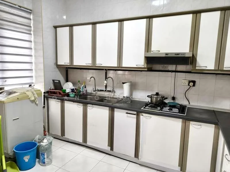 Kitchen features: white and grey cabinetry, stainless-steel sink, chrome pull-down faucet, built-in gas hob, stainless-steel range hood, grey countertop, white tiled backsplash, ceramic tile flooring, window with blinds, kitchen utensils on countertop, pot on stove, dish drying rack; style: modern.