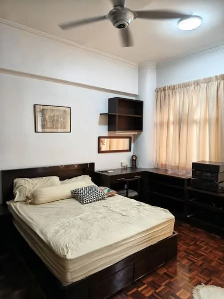 Bedroom features: queen-size bed with beige bedding, wooden bed frame, wooden bedside table, study desk with drawers, wall-mounted mirror, built-in shelving unit, curtains in light beige, ceiling fan, recessed ceiling light, parquet wood flooring, framed artwork on wall; style: modern.