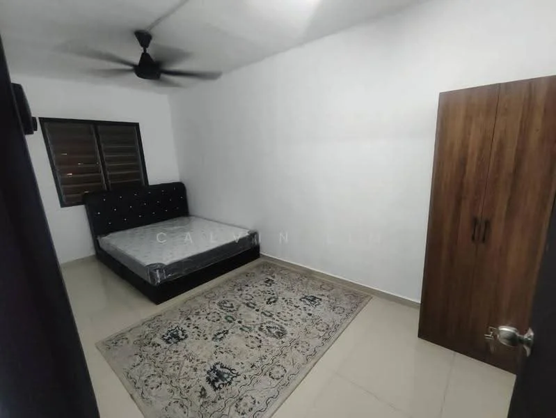 Bedroom features: queen-size bed with black upholstered headboard, ceiling fan, white painted walls, tile flooring, window with horizontal slats, wooden wardrobe, area rug with intricate pattern; style: modern.