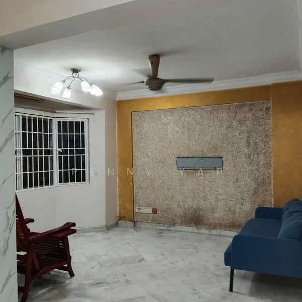 Living features: marble flooring, yellow accent wall, textured wall finish, 5-blade ceiling fan, ceiling light fixture with multiple bulbs, large window with metal grille, blue fabric sofa, wooden rocking chair, wall-mounted TV bracket; style: modern.