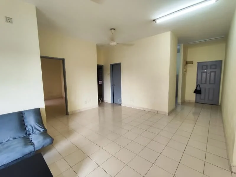 Room features: cream painted walls, white tiled flooring, ceiling fan, single door, double door, light fixture, window with no treatment, open layout; style: minimalist.