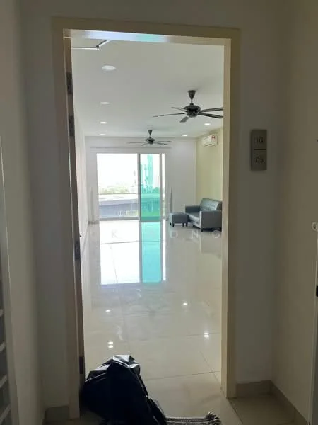 Living features: glossy tile flooring, white painted walls, recessed downlights, 2 ceiling fans, floor-to-ceiling sliding glass door, balcony access, sofa, natural light from windows; style: modern; view: city.