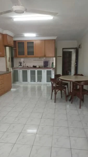 Kitchen features: white tiled flooring, cream painted walls, wood cabinetry, grey countertop, stainless-steel sink, built-in oven, freestanding range oven, refrigerator, ceiling fan, dining table with four wooden chairs, open layout, window with curtain; style: modern.