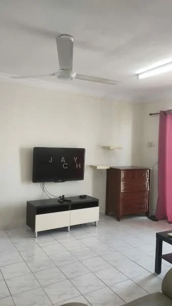 Living features: white painted walls, ceramic tile flooring, 5-blade ceiling fan, wall-mounted TV, TV console in black and white, wooden dresser in brown, shelves mounted on wall, pink curtains; style: modern.