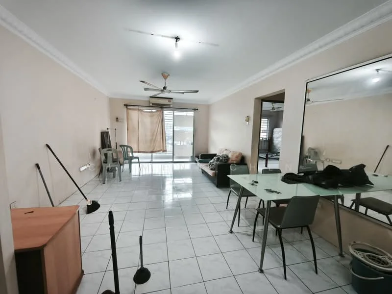Living features: white painted walls, glossy ceramic tile flooring, ceiling fan, sliding glass door, floor-to-ceiling windows, light fixture, sofa, glass dining table, plastic dining chairs, wooden side table, decorative mirror, curtain, vacuum cleaner, broom, mop.