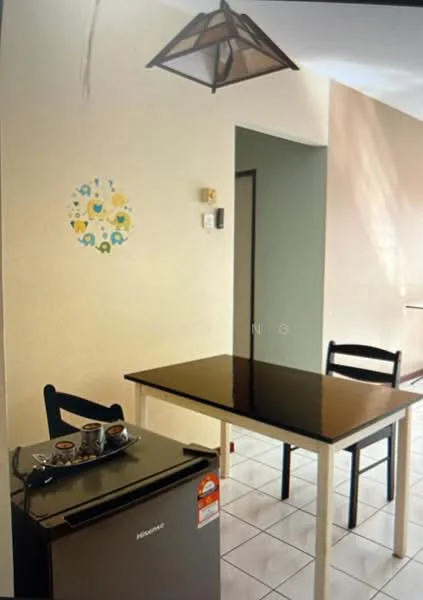Dining features: black square dining table, two black dining chairs, stainless-steel fridge, pendant light fixture, white tiled flooring, cream painted walls, decorative wall art with floral pattern; style: modern.