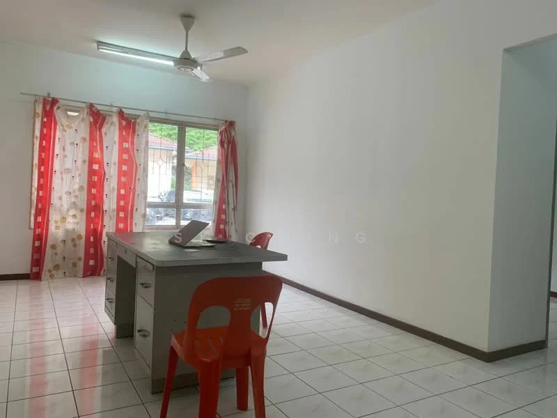 Room features: white painted walls, ceramic tile flooring, 5-blade ceiling fan, large sliding glass door, red and white patterned curtains, grey table, orange plastic chair; style: minimalist.
