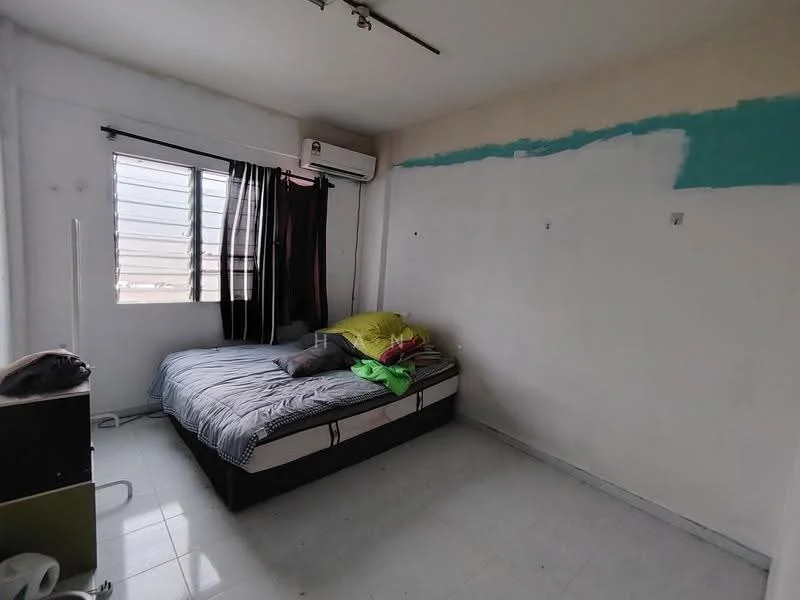 Bedroom features: single bed, green and grey bedding, black curtains, floor-to-ceiling window, white painted walls, white tiled flooring, 1 wall-mounted split AC, ceiling light fixture, nightstand, unpainted wall section.