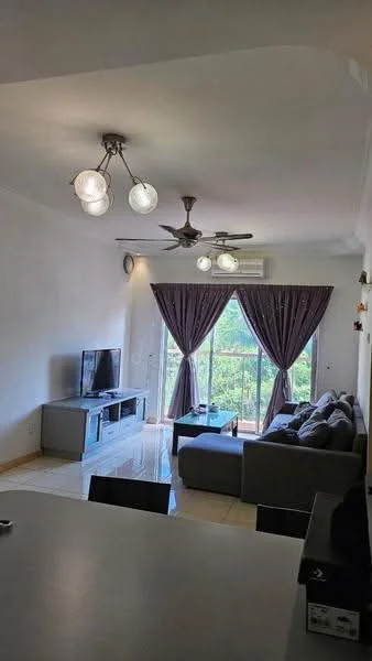 Living features: 3-seater fabric sofa in grey, 2-seater fabric sofa in grey, coffee table, wall-mounted TV, TV console, ceiling fan with 5 blades, recessed downlights, curtains in purple, floor-to-ceiling windows, tiles flooring, decorative wall art; style: modern; view: garden.