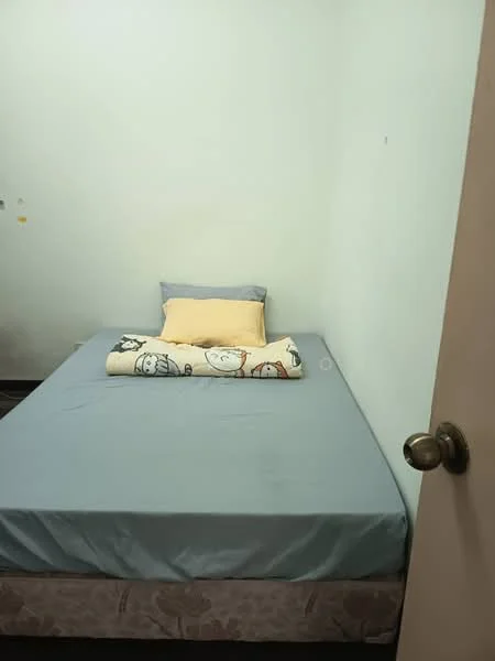 Bedroom features: single bed with blue bedsheet, yellow pillow, decorative blanket with cartoon pattern, light green painted walls, dark wood flooring, wooden door, door handle.