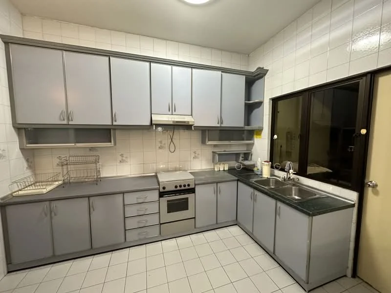 Kitchen features: grey cabinetry, stainless-steel built-in oven, 4-burner gas hob, double-bowl stainless-steel sink, chrome pull-down faucet, black granite countertop, white tiled backsplash, white tiled flooring, wall-mounted range hood, window with black frame, light fixture on ceiling; style: modern.