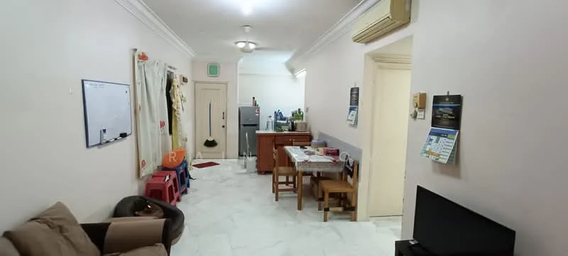 Living features: white painted walls, marble tile flooring, ceiling fan with light, sofa in beige, coffee table, TV console, wall-mounted TV, area rug, dining table with chairs, refrigerator, kitchen cabinetry, kitchen countertop, open shelving, whiteboard on wall; style: modern.