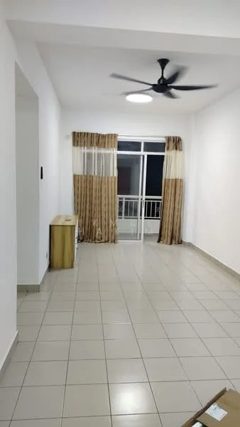 Living features: white painted walls, tile flooring, 5-blade ceiling fan, floor-to-ceiling windows, sheer curtains, balcony door, light-colored curtain drapes, wooden console table; style: modern.