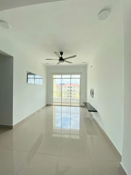 Living features: white painted walls, glossy beige tile flooring, 5-blade ceiling fan with light, floor-to-ceiling windows, sliding glass door, wall-mounted TV console, built-in shelf, natural light from windows; style: modern; view: city.
