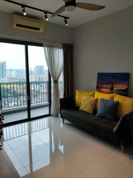 Living features: 3-seater fabric sofa in dark grey, yellow accent pillows, floor-to-ceiling sliding glass door, curtains, wall-mounted air conditioning unit, recessed LED downlights, ceiling fan, glossy white tile flooring, decorative painting, city skyline view; style: modern; view: city.