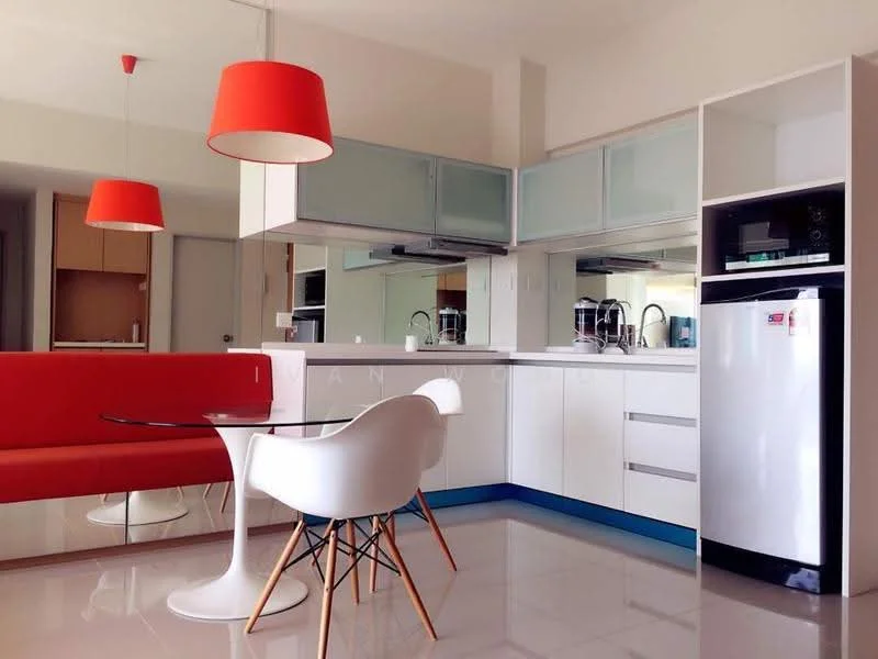 Kitchen features: white cabinetry, blue countertop, stainless-steel fridge, built-in microwave, ceramic tile flooring, pendant lighting with red shades, round dining table, white dining chair, red upholstered sofa, double-bowl stainless-steel sink, chrome pull-down faucet, glass backsplash, open shelving; style: modern.