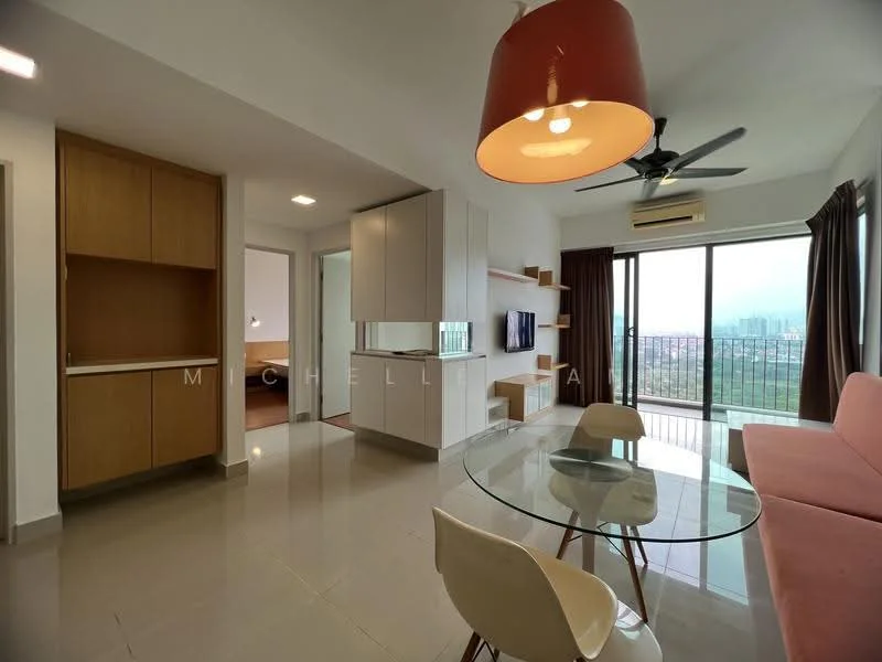 Living features: light grey tiled flooring, white painted walls, 5-blade ceiling fan with light, wall-mounted TV, pink pendant lamp, glass dining table, 4 white dining chairs, pink fabric sofa, floor-to-ceiling windows, curtains, built-in cabinetry, open layout to kitchen; style: modern; view: city.
