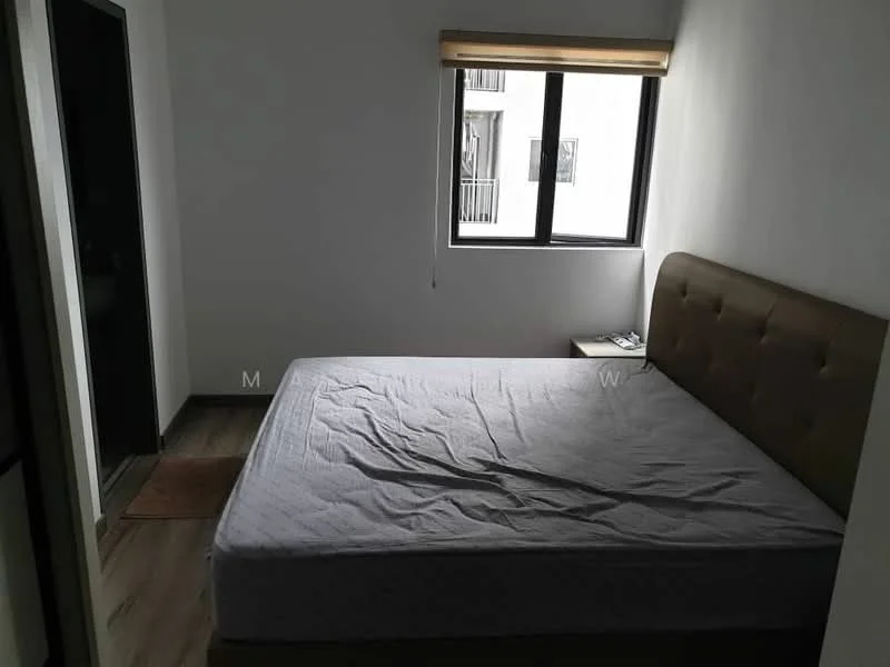 Bedroom features: queen-size bed, upholstered headboard, wooden flooring, white painted walls, floor-to-ceiling window, roller blinds, nightstand, carpet mat.
