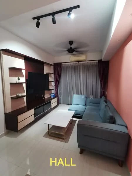 Living features: grey fabric sofa, coffee table, wall-mounted TV, TV console with storage, shelves on wall, recessed lighting, ceiling fan, curtains, white painted walls, cream tiled flooring; style: modern.