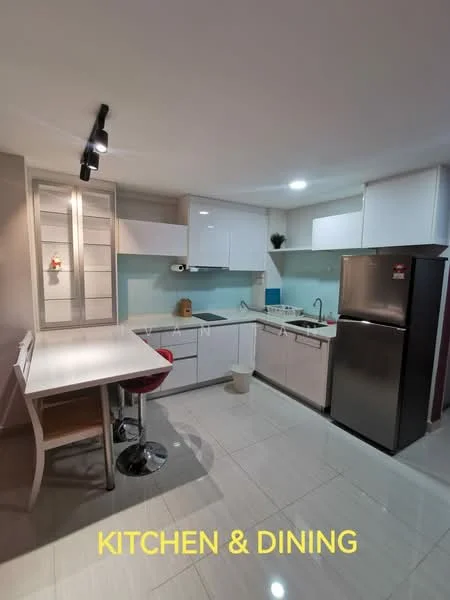 Kitchen features: white cabinetry, glass-front upper cabinets, marble countertop, stainless-steel sink, chrome pull-down faucet, built-in oven, freestanding range oven, stainless-steel fridge, tile backsplash, recessed downlights, pendant light, bar seating with red stool, ceramic tile flooring, white walls; style: modern.