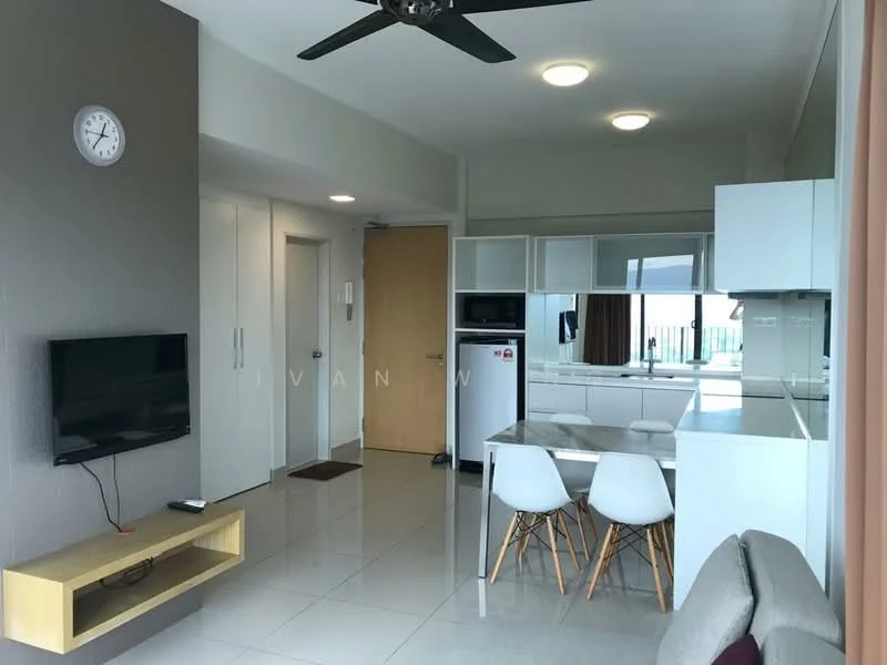 Living features: grey painted walls, white tiled flooring, 5-blade ceiling fan with light, wall-mounted TV, wooden TV console, sofa with grey upholstery, dining table with white surface and wooden legs, 4 white dining chairs, refrigerator, kitchen cabinetry with white finish, kitchen countertop with white surface, open layout to kitchen, large windows with natural light; style: modern; view: city.