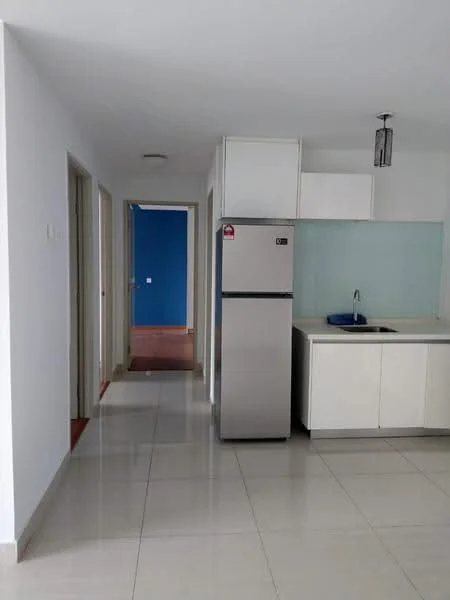 Kitchen features: white cabinetry, stainless-steel fridge, single-bowl stainless-steel sink, chrome pull-down faucet, glass backsplash, white countertop, pendant light, tile flooring; style: modern. Hallway features: white painted walls, tile flooring, doorways leading to other rooms.