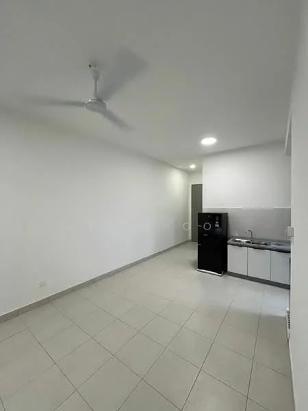 Kitchen features: white painted walls, tile flooring, ceiling fan, recessed downlights, single-bowl stainless-steel sink, black fridge, white cabinetry, countertop with grey finish, kitchenette layout; style: modern.