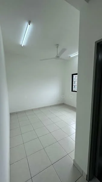 Room features: white painted walls, tile flooring, ceiling fan, window with view, fluorescent ceiling lights; style: modern; view: city.