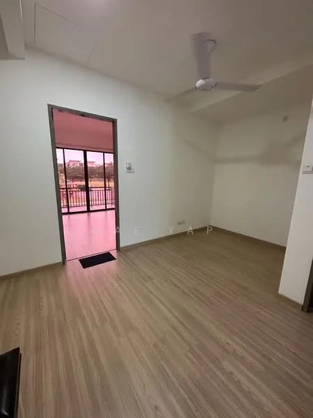 Room features: light wood laminate flooring, white painted walls, sloped ceiling, ceiling fan, large sliding glass door, balcony access, window with view, door frame, baseboard; style: modern; view: city.