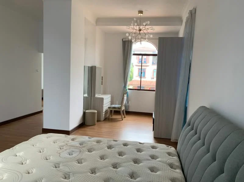 Bedroom features: king-size bed with upholstered headboard, light grey bedding, wooden flooring, floor-to-ceiling window, sheer curtains, chandelier light fixture, dressing table with mirror, wooden chair, built-in wardrobe, decorative wall mirror; style: modern.