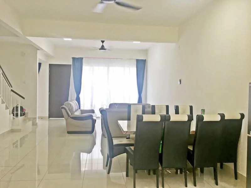 Dining features: 6-seater dining table, black dining chairs with white upholstery, white walls, polished ceramic tile flooring, ceiling fan, large windows with sheer curtains, decorative wall, open layout to living area; style: modern. Living features: 3-seater fabric sofa, beige upholstery, coffee table, large windows with sheer curtains, white walls, polished ceramic tile flooring, ceiling fan, decorative wall, open layout to dining area; style: modern.