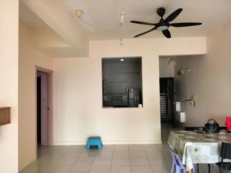 Room features: white painted walls, tile flooring, 5-blade ceiling fan, recessed downlights, open kitchen layout, window with no visible treatment, dining table with chairs, blue stool, kitchen area visible in background, wall-mounted appliances visible in kitchen; style: modern.