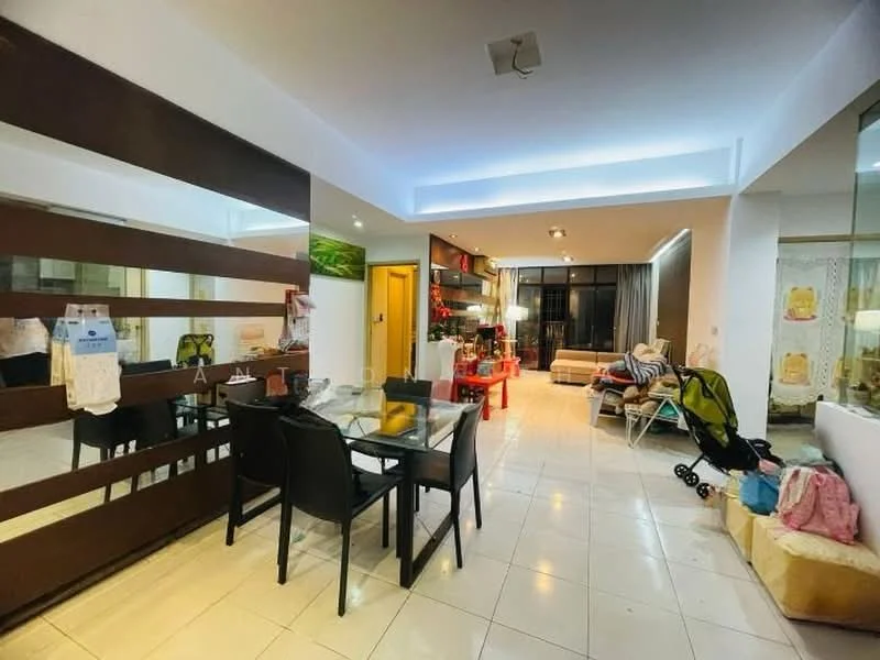 Living features: white painted walls, glossy tile flooring, recessed downlights, sofa in beige, coffee table, TV console, wall-mounted TV, dining table with black chairs, decorative wall mirror, curtains, open layout, decorative plants, area rug; style: modern. Room features: glass sliding door, stroller, decorative items on shelves.