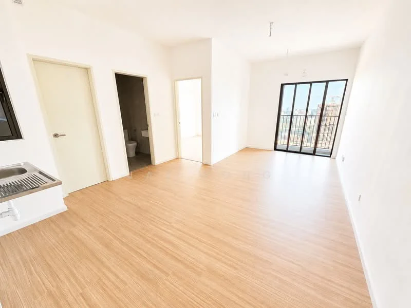 Room features: light wood laminate flooring, white painted walls, floor-to-ceiling windows, balcony door, open layout, kitchenette with stainless-steel sink, single door to bathroom, door to another room, natural light from windows; style: modern; view: city.