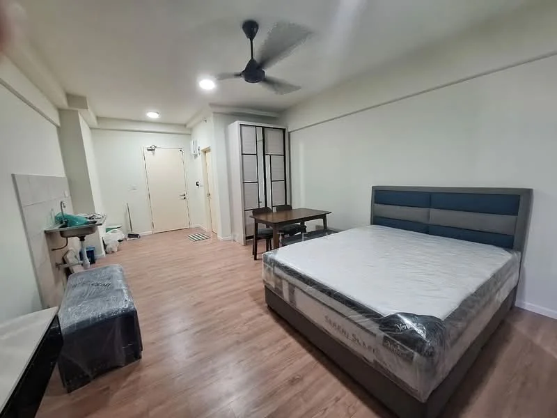 Bedroom features: queen-size bed, upholstered headboard, wooden flooring, ceiling fan, dining table, chair, wall-mounted mirror, built-in wardrobe, neutral painted walls, door to hallway; style: modern.